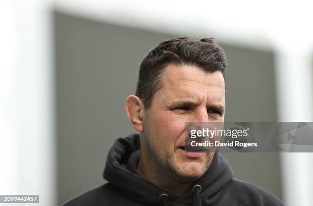 Phil Dowson, the Northampton Saints head coach, faces the media after the Northampton Saints training session held at Franklin's Gardens on March 20,...
