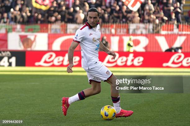 Tommaso Augello of Cagliari Calcio in action during the Serie A TIM match between AC Monza and Cagliari at U-Power Stadium on March 16, 2024 in...