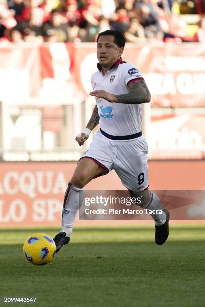 Gianluca Lapadula of Cagliari Calcio in action during the Serie A TIM match between AC Monza and Cagliari at U-Power Stadium on March 16, 2024 in...