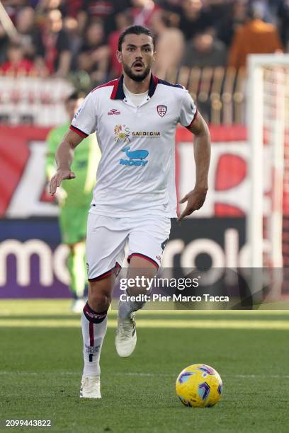 Alberto Dossena of Cagliari Calcio in action during the Serie A TIM match between AC Monza and Cagliari at U-Power Stadium on March 16, 2024 in...