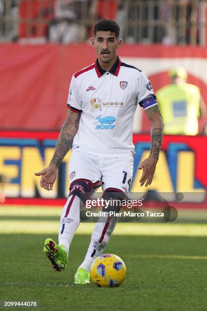 Alessandro Deiola of Cagliari Calcio in action during the Serie A TIM match between AC Monza and Cagliari at U-Power Stadium on March 16, 2024 in...