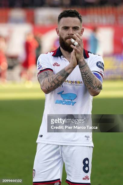Nahitan Nandez of Cagliari Calcio greets the supporters during the Serie A TIM match between AC Monza and Cagliari at U-Power Stadium on March 16,...