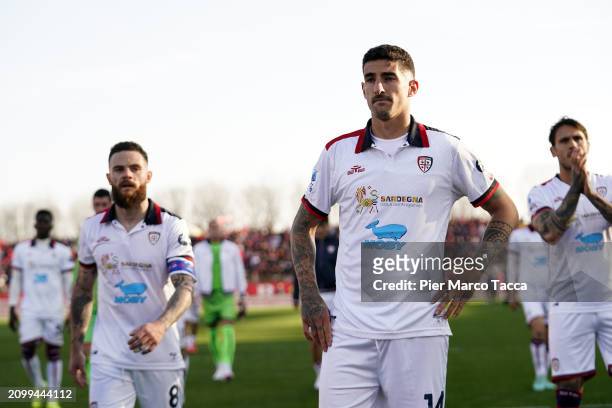 Alessandro Deiola of Cagliari Calcio greets the supporters during the Serie A TIM match between AC Monza and Cagliari at U-Power Stadium on March 16,...