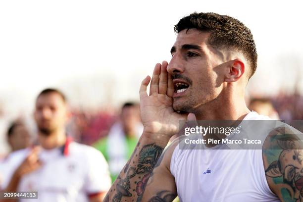 Alessandro Deiola of Cagliari Calcio greets the supporters during the Serie A TIM match between AC Monza and Cagliari at U-Power Stadium on March 16,...