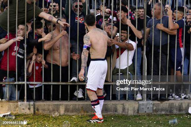 Nahitan Nandez of Cagliari Calcio greets the supporters during the Serie A TIM match between AC Monza and Cagliari at U-Power Stadium on March 16,...