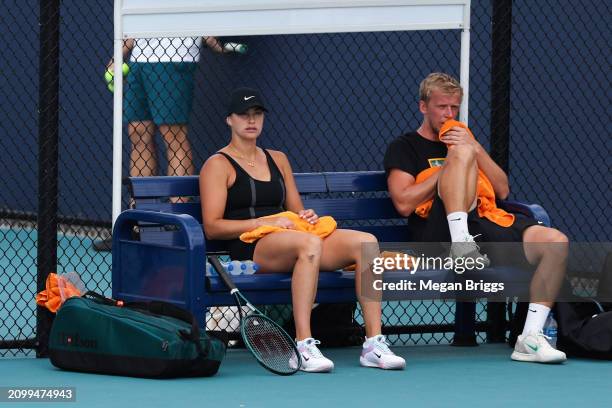 Aryna Sabalenka of Belarus looks on during practice in day 5 of the Miami Open at Hard Rock Stadium on March 20, 2024 in Miami Gardens, Florida.