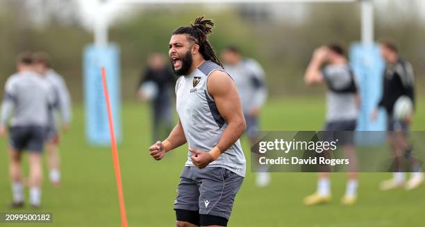 Lewis Ludlam shouts instructions during the Northampton Saints training session held at Franklin's Gardens on March 20, 2024 in Northampton, England.