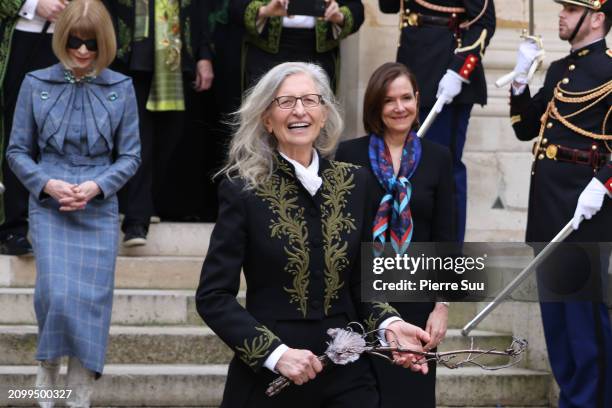 Annie Leibovitz poses during her intake ceremony into the Académie des Beaux-Arts on March 20, 2024 in Paris, France.The American photographer Annie...