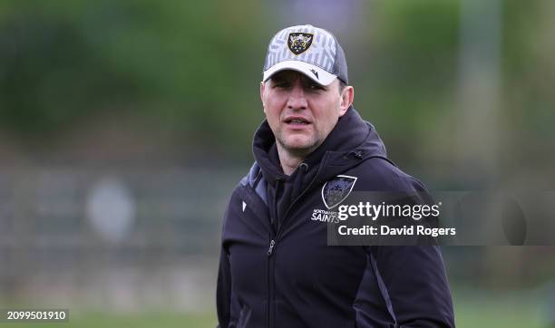 Phil Dowson, the Northampton Saints head coach, looks on during the Northampton Saints training session held at Franklin's Gardens on March 20, 2024...