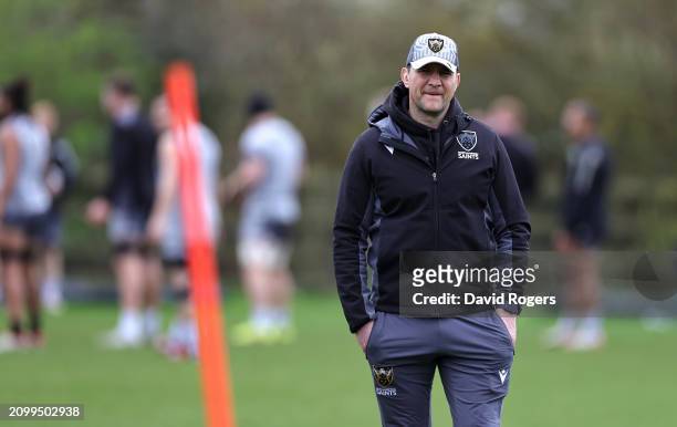 Phil Dowson, the Northampton Saints head coach, looks on during the Northampton Saints training session held at Franklin's Gardens on March 20, 2024...