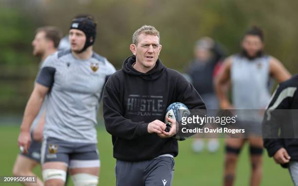 Sam Vesty, the Northampton Saints coach, looks on during the Northampton Saints training session held at Franklin's Gardens on March 20, 2024 in...