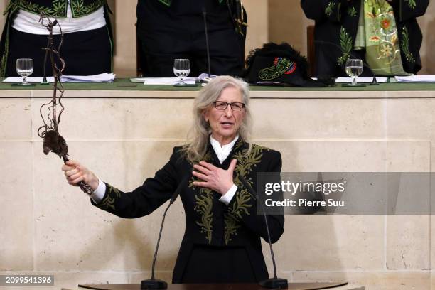 Annie Leibovitz poses during her intake ceremony into the Académie des Beaux-Arts on March 20, 2024 in Paris, France.The American photographer Annie...