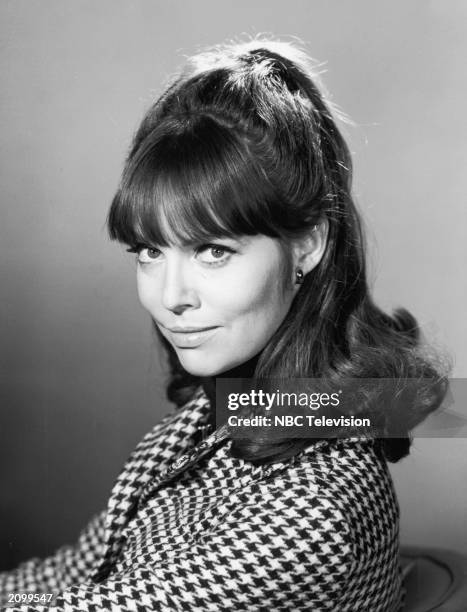 Promotional portrait of American actor Barbara Feldon wearing a hound's tooth jacket for the television program, 'Get Smart,' circa 1967.