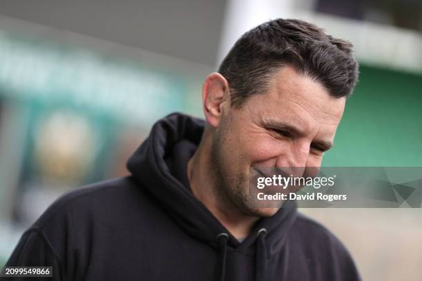 Phil Dowson, the Northampton Saints director of rugby, faces the media after the Northampton Saints training session held at Franklin's Gardens on...