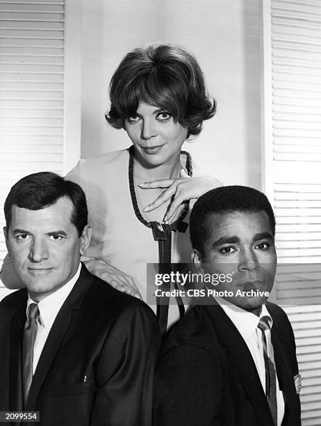 Promotional portrait of American actors : Steven Hill, Barbara Bain, and Greg Morris for the television show, 'Mission Impossible,' circa 1967.