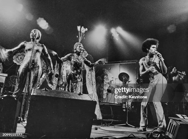 Disco group Boney M performing at the Rainbow Theatre, London, UK, November 1977.
