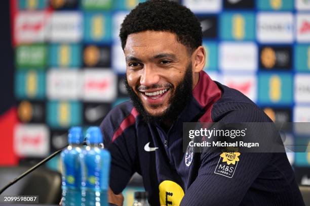 Joe Gomez of England talks to the media during a press conference at St Georges Park on March 20, 2024 in Burton-upon-Trent, England.