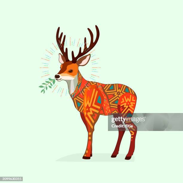 vector illustration of boho style deer,bucks with antlers,leaves in mouse, - deer skull stock illustrations