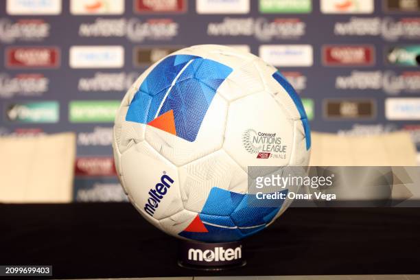 The official ball of the Vantaggio 5000 brand is deployed during a press conference ahead of a Concacaf Nations Leagues Finals against Panama at AT&T...