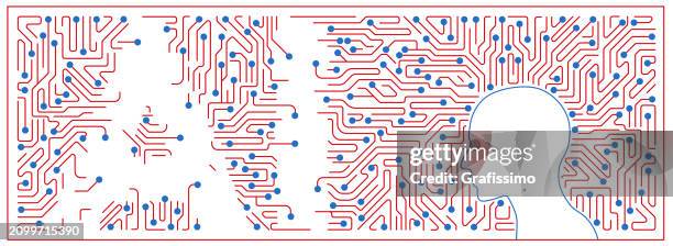 human head with circuit board of artificial intelligence in a rectangle - neuron schema stock illustrations