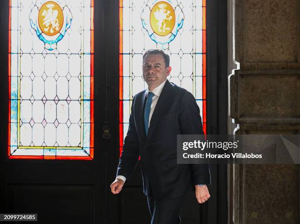 Portuguese Socialist Democratic Party president and leader of Democratic Alliance Luis Montenegro arrives in Belem Presidential Palace accompanied by...