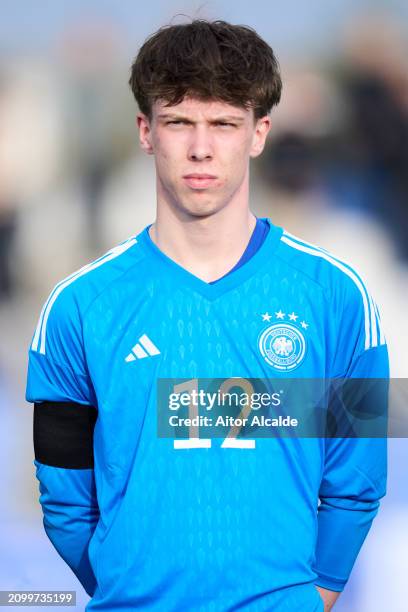 Timo Schlieck of U18 Germany looks on prior to the International Friendly U18 Netherlands v U18 Germany on March 20, 2024 in San Pedro del Pinatar,...