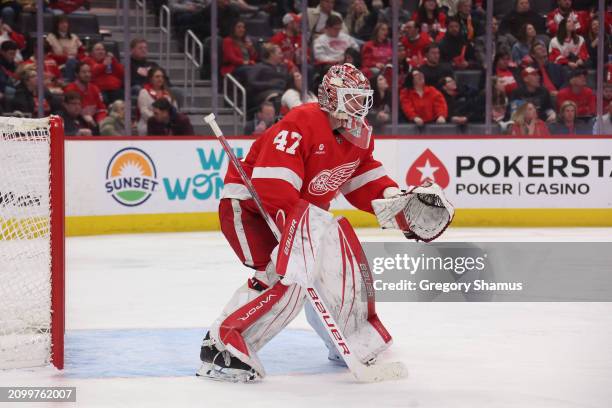 James Reimer of the Detroit Red Wings plays against the Columbus Blue Jackets at Little Caesars Arena on March 19, 2024 in Detroit, Michigan.