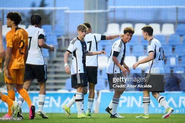 Noah Darvich of U18 Germany celebrates after scoring goal during the Under 18 Nations Tournament match between Netherlands v U18 Germany on March 20,...