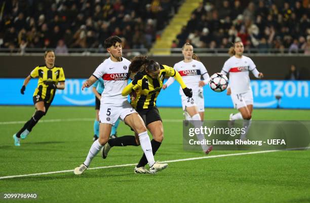 Rosa Kafaji of BK Hacken scores her team's first goal during the UEFA Women's Champions League 2023/24 Quarter Final Leg One match between BK Hacken...