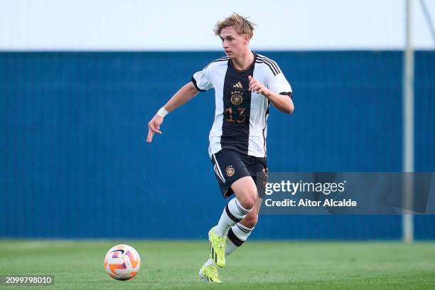 Maximilian Hennig of U18 Germany in action during the Under 18 Nations Tournament match between Netherlands v U18 Germany on March 20, 2024 in San...