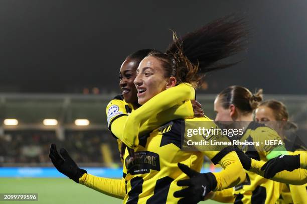 Rosa Kafaji of BK Hacken celebrates scoring her team's first goal with teammate Monica Jusu Bah during the UEFA Women's Champions League 2023/24...