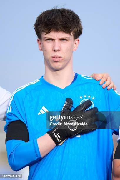 Timo Schlieck of U18 Germany reacts at the national anthem during the Under 18 Nations Tournament match between Netherlands v U18 Germany on March...
