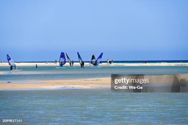 surfers at playa de la barca and playa de sotavento de jandia, fuerteventura, canary islands, spain. - kite lagoon stock pictures, royalty-free photos & images