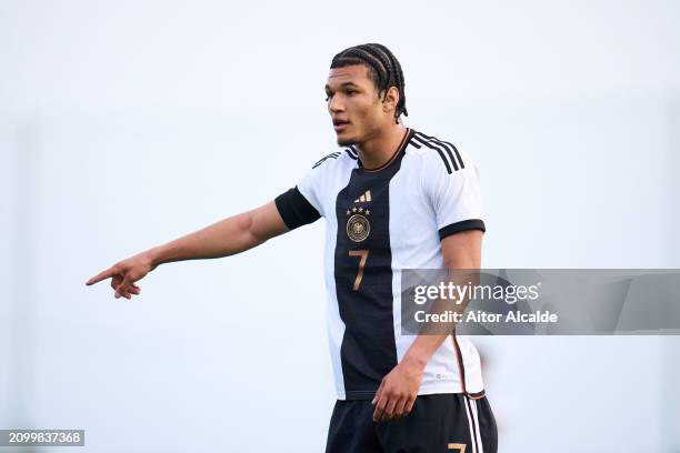 Paris Brunner of U18 Germany reacts during the Under 18 Nations Tournament match between Netherlands v U18 Germany on March 20, 2024 in San Pedro del...