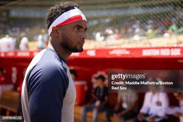 Pablo Reyes of the Boston Red Sox looks on before a 2024 Dominican Republic Series game against the Tampa Bay Rays as part of the MLB World Tour at...