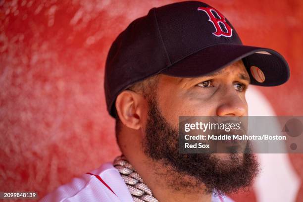 El Alfa sits in the dugout before a 2024 Dominican Republic Series game between the Tampa Bay Rays and the Boston Red Sox as part of the MLB World...