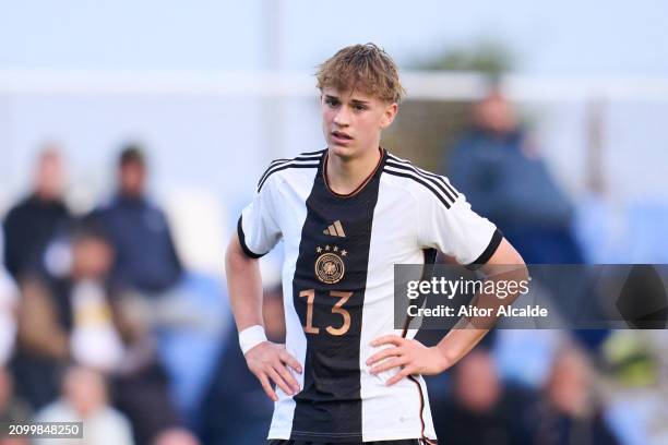 Maximilian Hennig of U18 Germany looks on during the Under 18 Nations Tournament match between Netherlands v U18 Germany on March 20, 2024 in San...