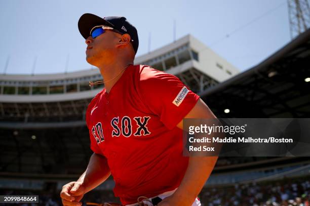 Rob Refsnyder of the Boston Red Sox takes the field for a 2024 Dominican Republic Series game against the Tampa Bay Rays as part of the MLB World...
