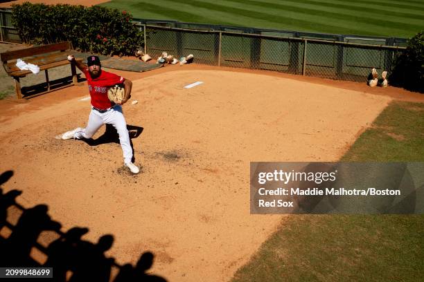 Greg Weissert of the Boston Red Sox warms up in the bullpen during the 2024 Dominican Republic Series game against the Tampa Bay Rays as part of the...