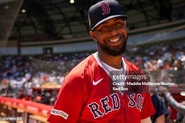 Joely Rodriguez of the Boston Red Sox reacts before a 2024 Dominican Republic Series game against the Tampa Bay Rays as part of the MLB World Tour at...