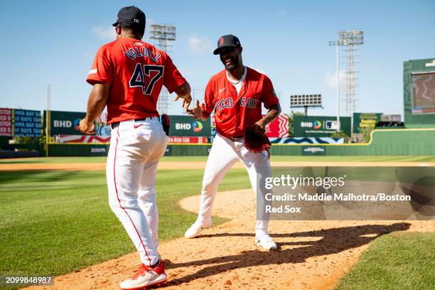 Enmanuel Valdez of the Boston Red Sox reacts with Joely Rodriguez of the Boston Red Sox after winning a 2024 Dominican Republic Series game against...
