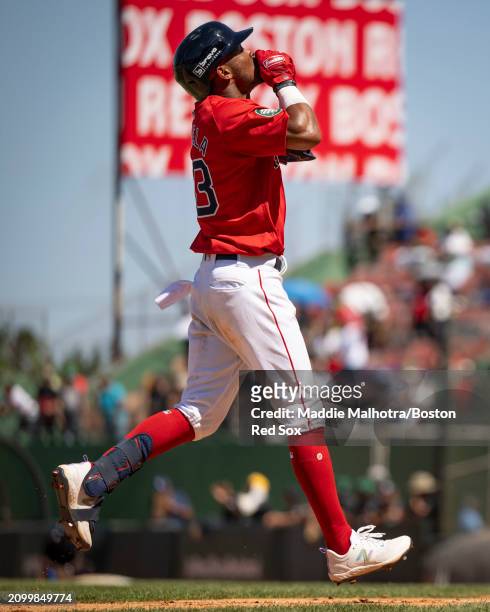 Ceddanne Rafaela of the Boston Red Sox reacts after hitting a home run during the 2024 Dominican Republic Series game against the Tampa Bay Rays as...