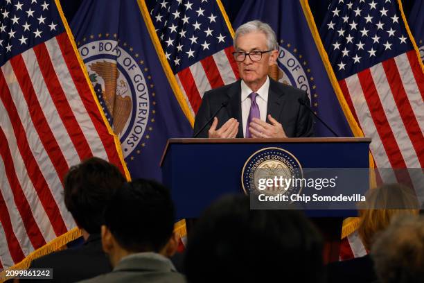 Federal Reserve Bank Chair Jerome Powell speaks during a news conference at the bank's William McChesney Martin building on March 20, 2024 in...