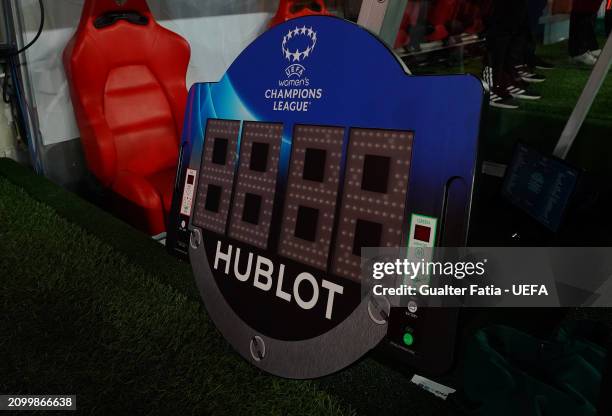 Hublot Board - UWCL branding and Sponsors before the start of the Quarter Final Leg One - UEFA Women's Champions League 2023/24 match between SL...