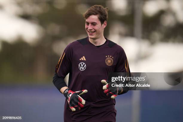 Max Schmitt of U18 Germany warms up prior to the Under 18 Nations Tournament match between Netherlands v U18 Germany on March 20, 2024 in San Pedro...