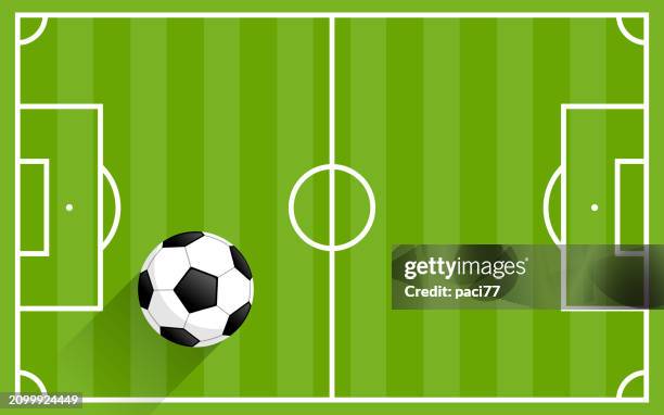 ilustraciones, imágenes clip art, dibujos animados e iconos de stock de campo de fútbol con pelota de fútbol - pelota-futbol