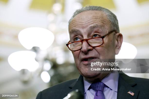 Senate Majority Leader Chuck Schumer speaks during a news conference following a Senate Democratic policy luncheon at the U.S. Capitol building on...