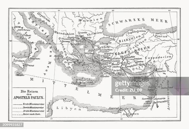 the missionary journeys of the apostle paul, woodcut, 1899 - old map of middle east stock illustrations