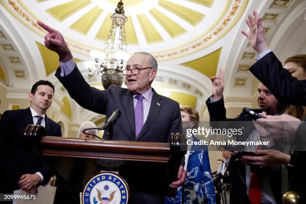 Senate Majority Leader Chuck Schumer speaks during a news conference following a Senate Democratic policy luncheon at the U.S. Capitol building on...