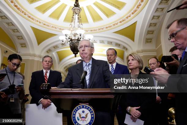 Senate Minority Leader Mitch McConnell speaks during a news conference following a Senate Republican policy luncheon alongside Sen. Steve Daines ,...